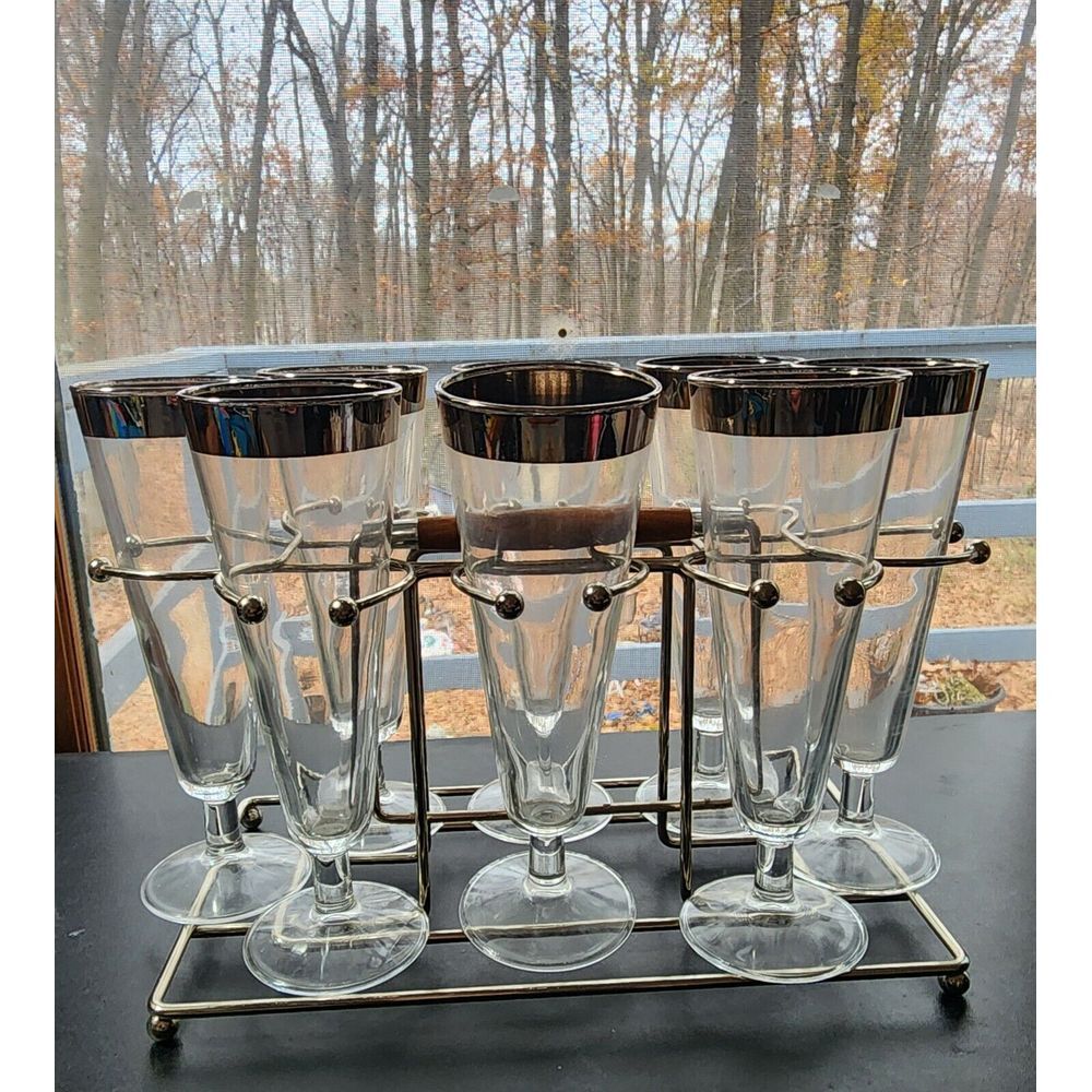8 Vtg MCM Dorothy Thorpe Silver Rim Style‎ Pilsner Glasses Drinkware With Caddy